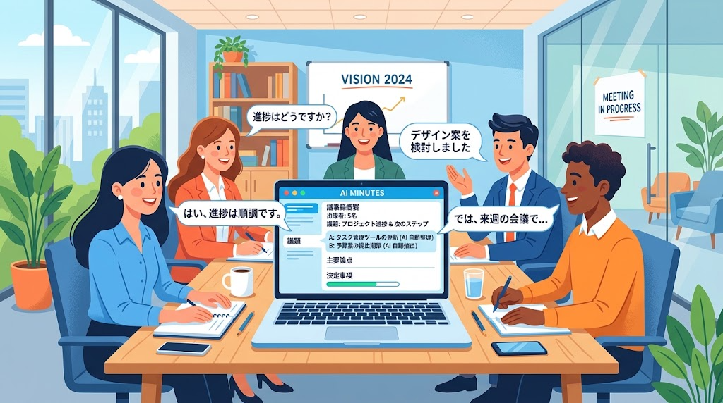 会議の内容が議事録になるイメージイラスト