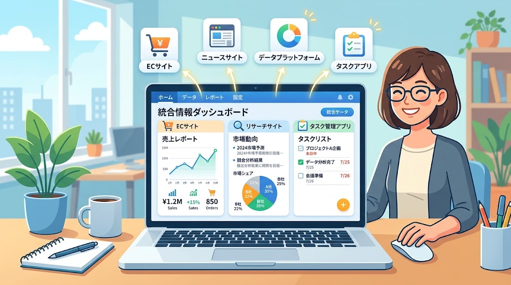 別ページの情報を1つのページにまとめて表示するイメージイラスト