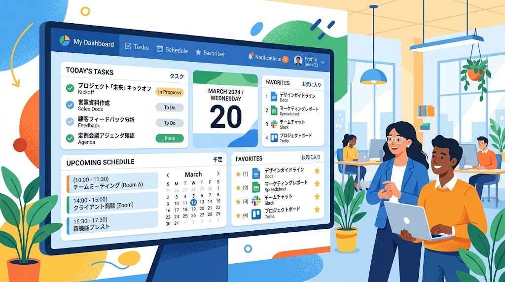 情報をまとめたホーム画面のイメージイラスト