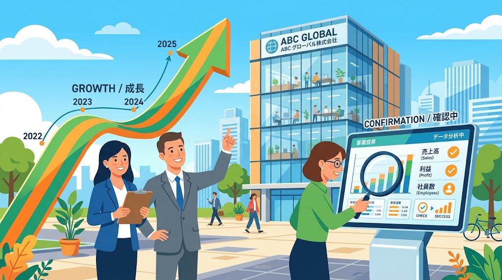 企業の成長と情報を確認するイメージイラスト