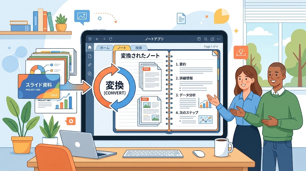 スライド資料をノートに置いているイメージイラスト