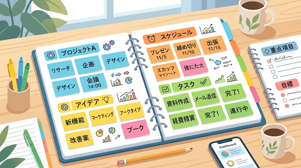 色分けされたラベルでページを整理しているイメージイラスト