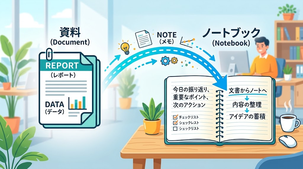 文書の内容をノートに移しているイメージイラスト