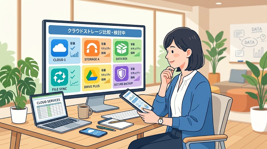 複数のクラウドストレージサービスを比較検討しているイメージイラスト