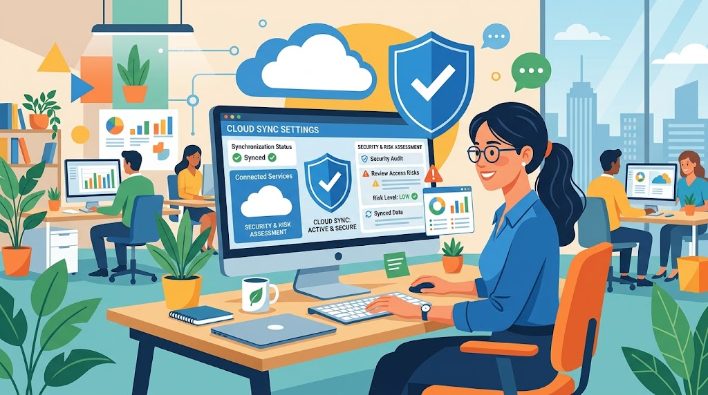 OneDriveの自動同期のセキュリティリスクを確認しているイメージイラスト