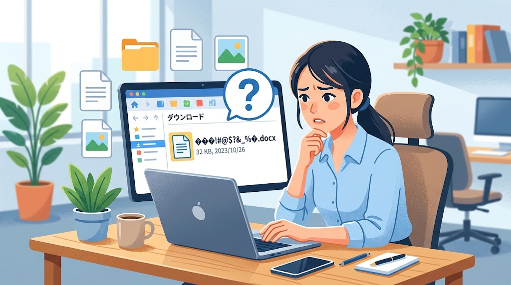 ダウンロードしたファイル名の文字化けを確認しているイメージイラスト