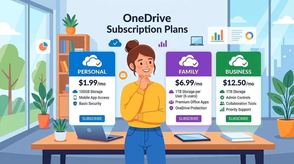 OneDriveの料金プランを比較検討しているイメージイラスト