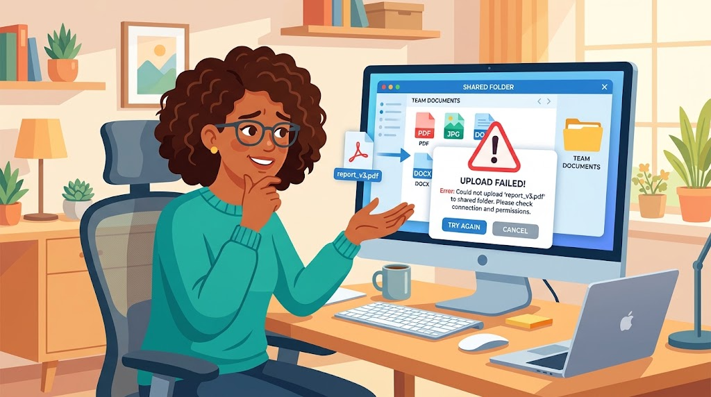 共有フォルダへのアップロードエラーを確認しているイメージイラスト