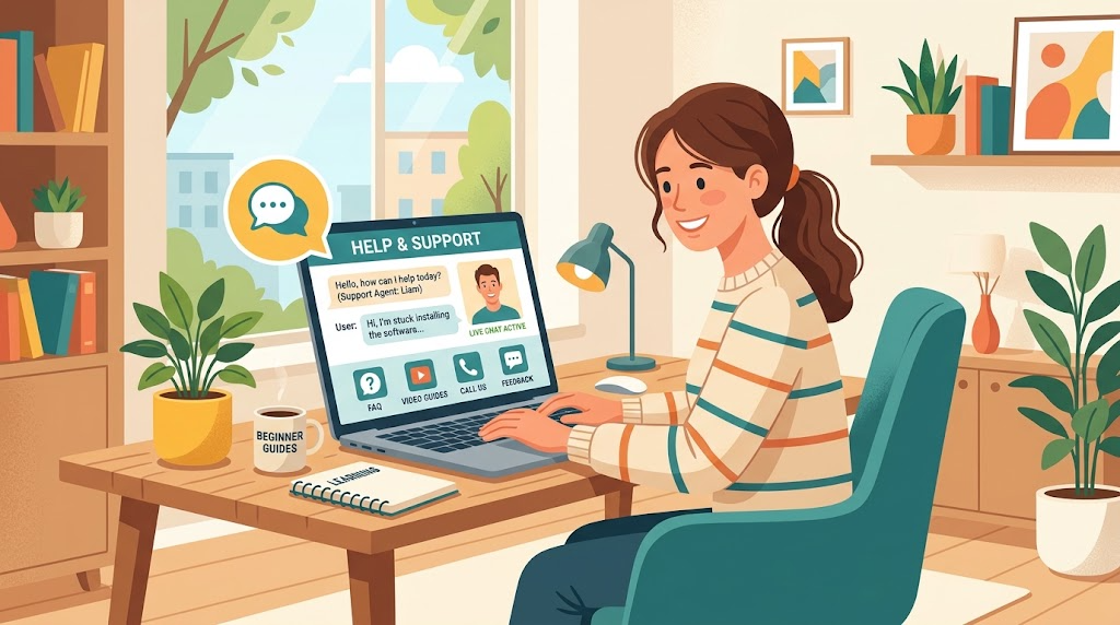 Microsoftサポートにチャットで問い合わせしている様子のイラスト