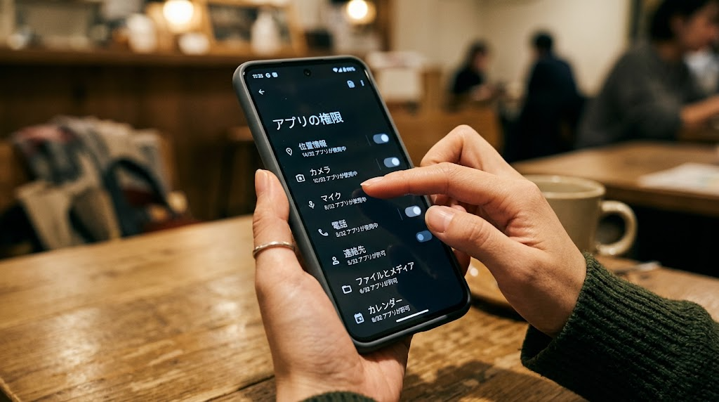 スマホの設定画面でアプリの権限一覧を確認している手元のシーン