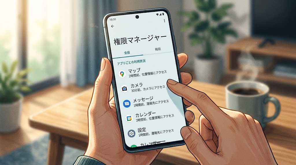 設定アプリの権限マネージャー画面で各アプリの利用履歴を確認している様子