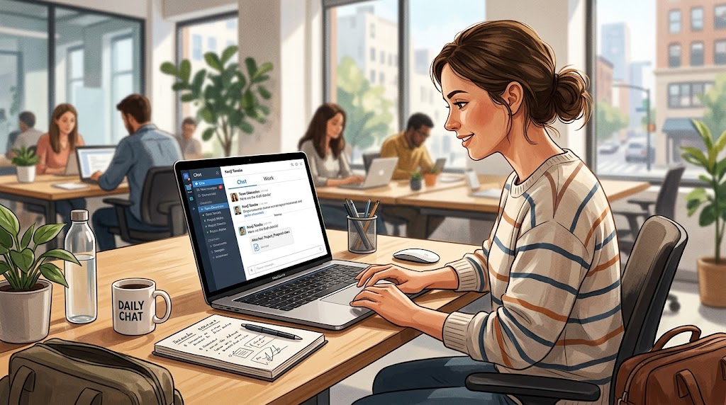ChatGPTデスクトップアプリの「Chat」「Work」タブを切り替えて資料を作成している画面イメージ