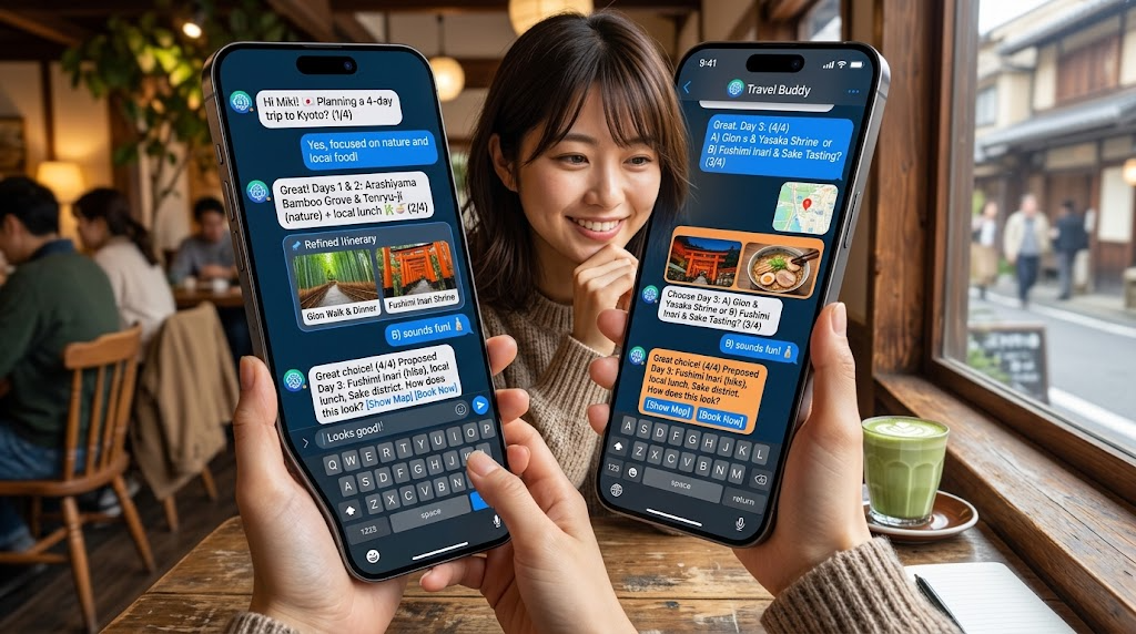 Geminiとの対話を重ねて旅行プランを段階的に絞り込んでいくスマホ画面のイメージ