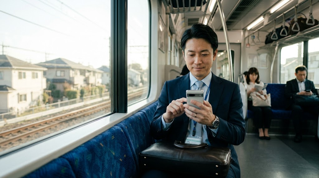 通勤電車の中でスマホのGeminiアプリを操作しながら家族旅行の計画を立てている様子