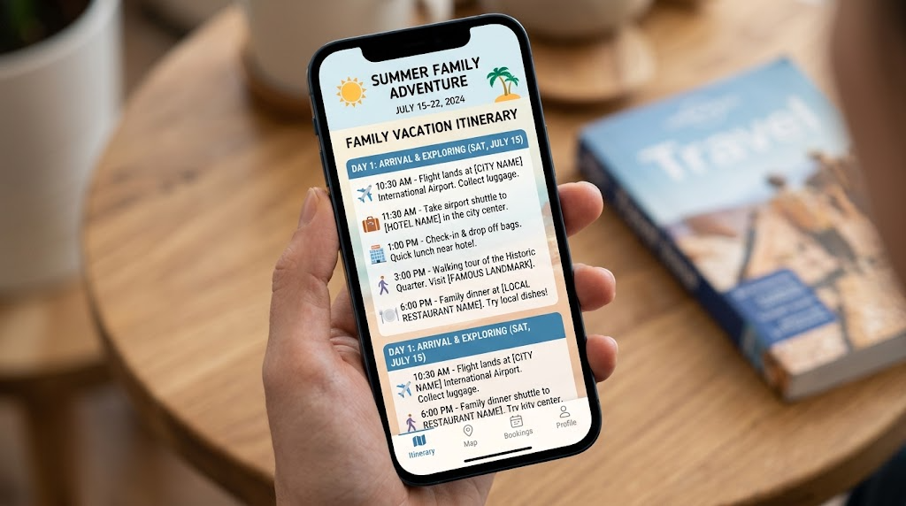 スマホ画面にGeminiが提案した家族向け旅行プランが表示されているイメージ