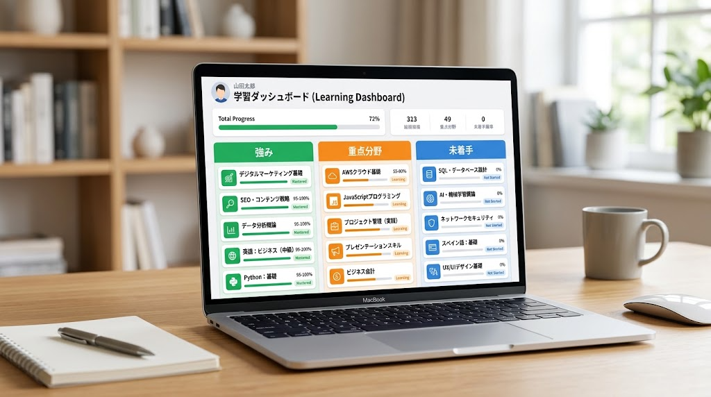 ダッシュボードに強み・重点分野・未着手が振り分けられた画面イメージ
