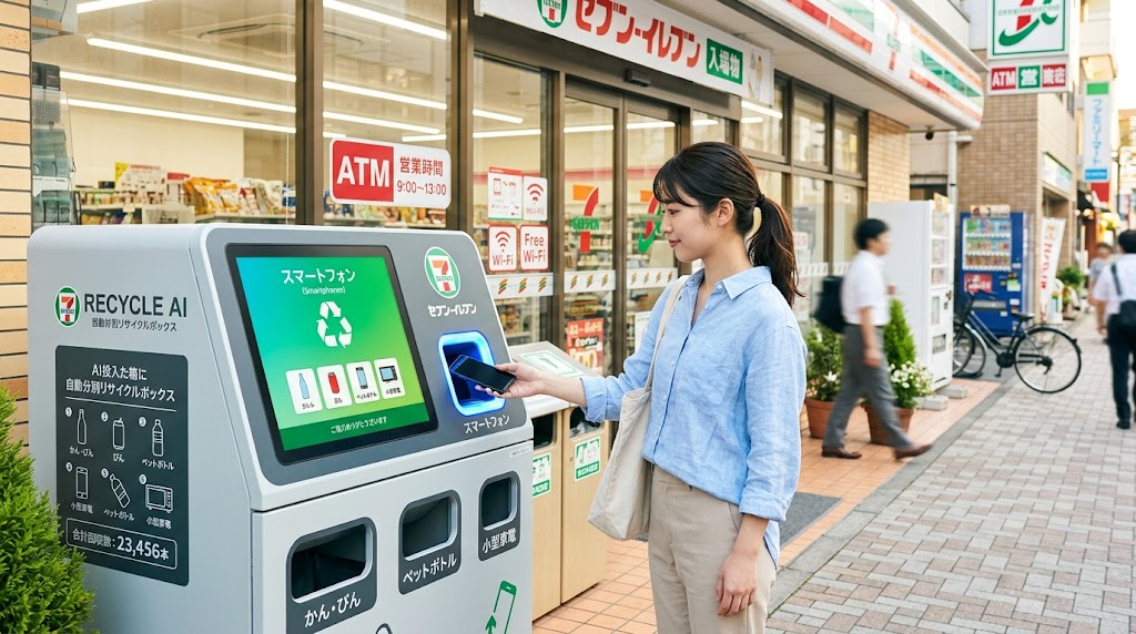 コンビニ店頭に設置されたAI自動分別リサイクルボックスに製品を入れる様子