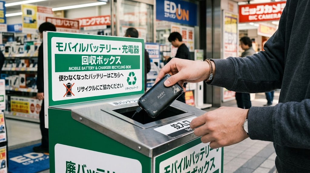 使用済みモバイルバッテリーを回収ボックスに投入している手元のシーン