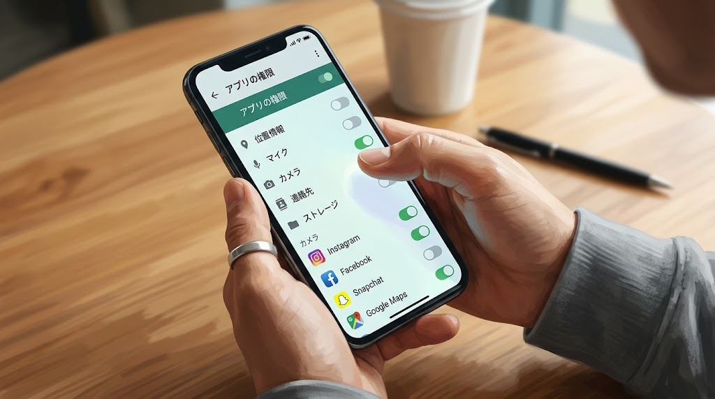 スマホの設定画面でアプリの権限を一つずつ確認している様子