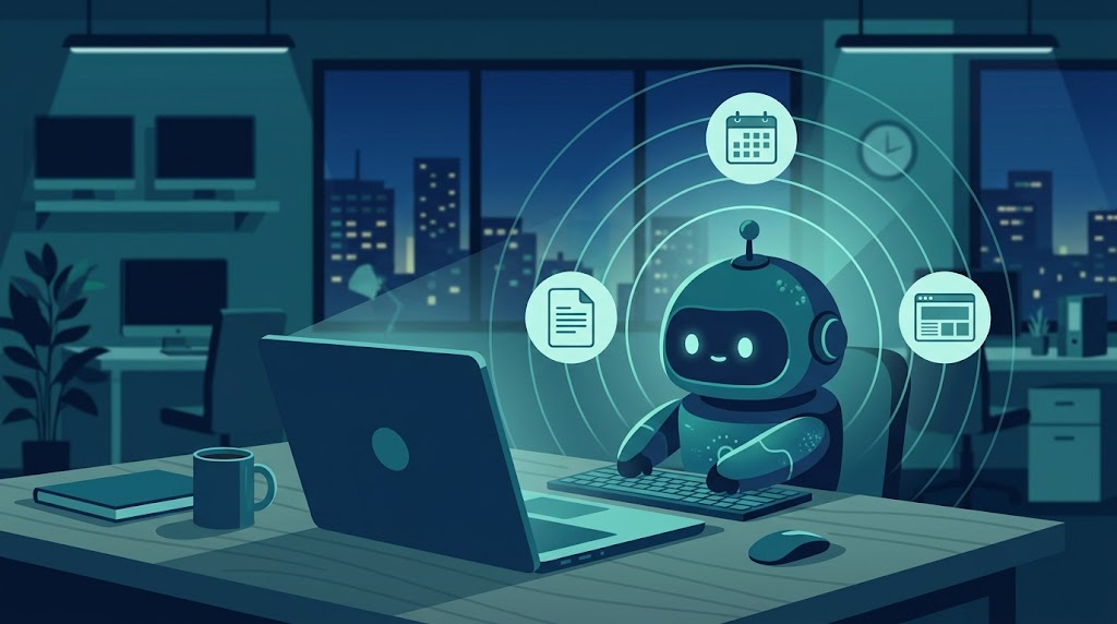 パソコンの背後で常時稼働して仕事を見守るAIエージェントのイメージ