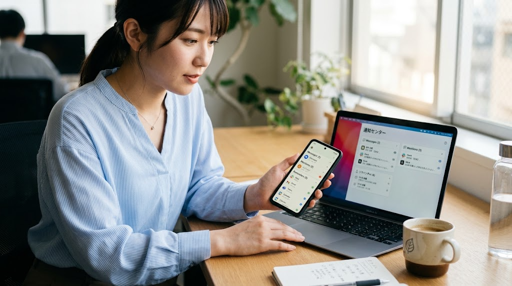 スマートフォンとパソコンで通知を確認する様子