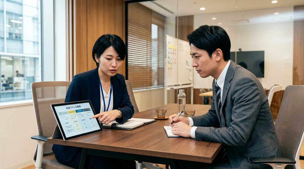 料金プラン比較表を確認するビジネスパーソン