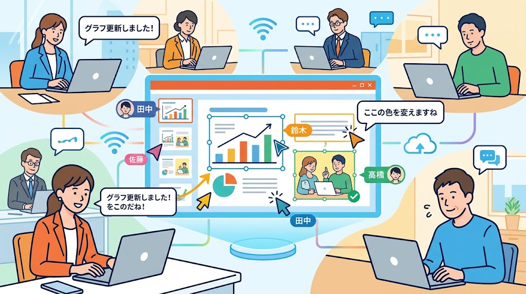 スライドを共同編集するイメージイラスト