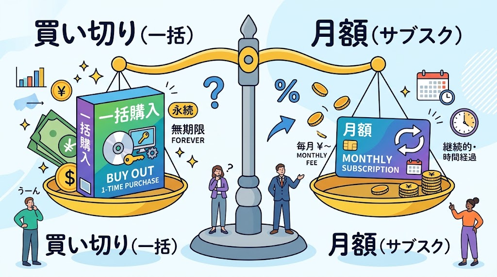 買い切り版とサブスクリプションを比べるイメージイラスト
