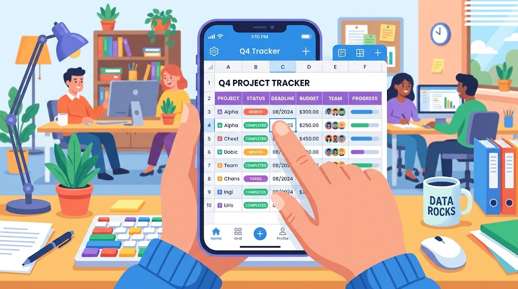 スマートフォンで表を操作しているイメージイラスト