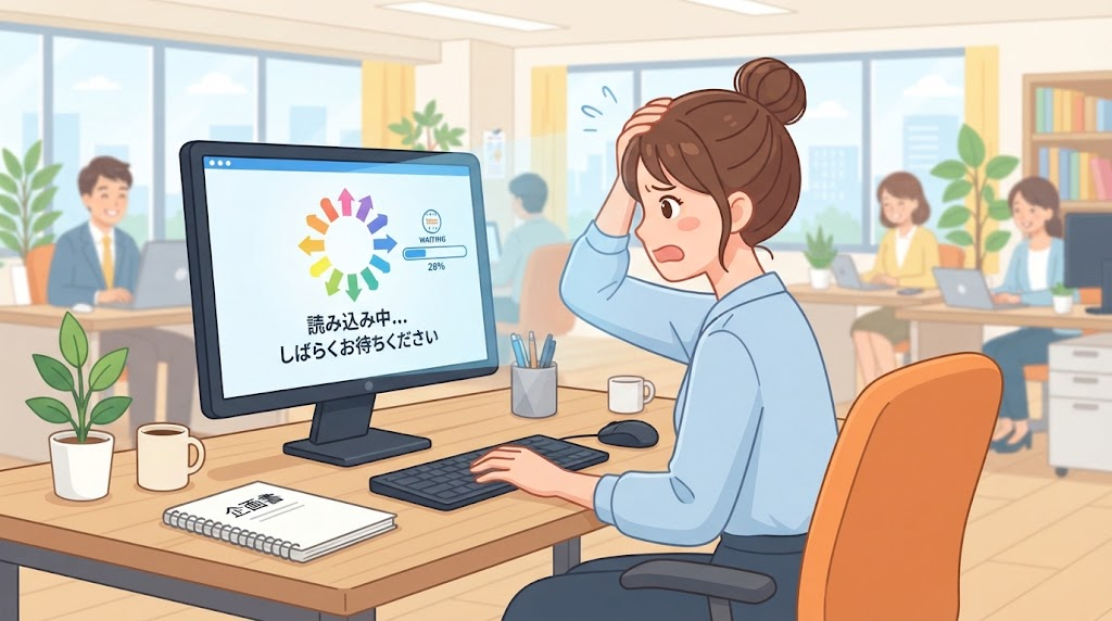 パソコンが重くなるトラブルのイメージイラスト