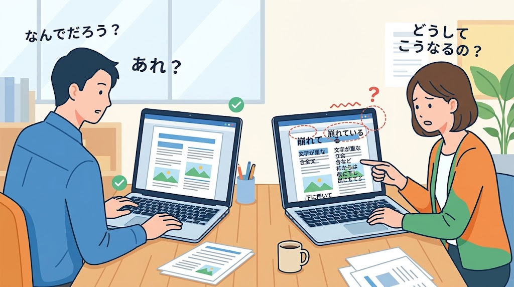 別のパソコンでレイアウトがずれるイメージイラスト