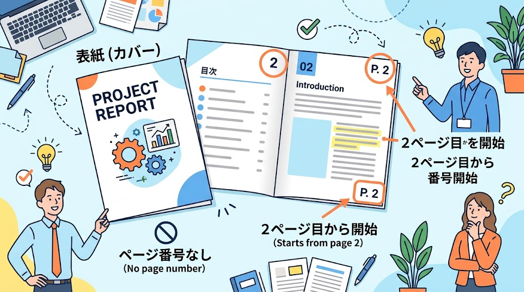 表紙を除いてページ番号を入れるイメージイラスト