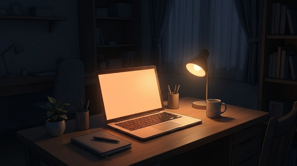 夜の部屋で、暖かい色合いの画面のノートパソコンと、机のスタンドライト