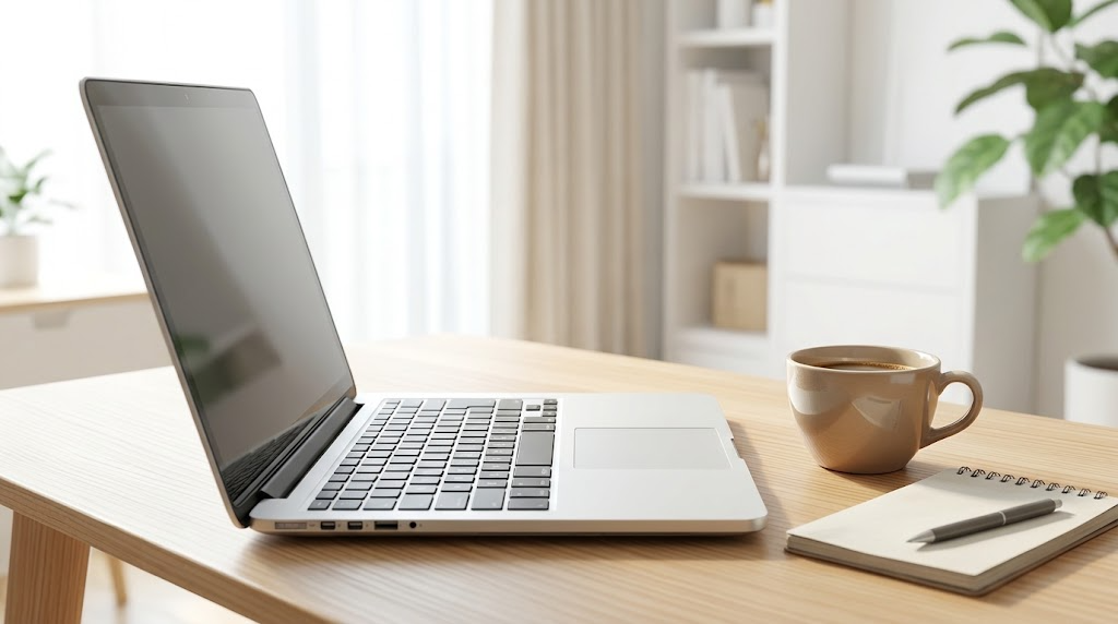 明るい部屋の机の上に置かれた、電源コードのないノートパソコンとコーヒーカップ