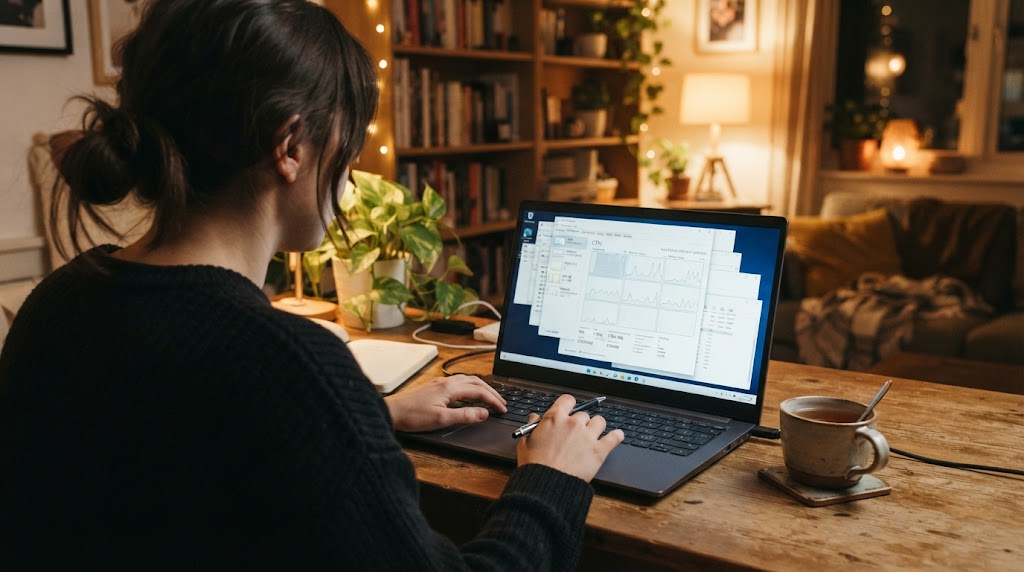 ノートパソコンのパフォーマンス画面を見ながら作業する人を、後ろから見たイメージ