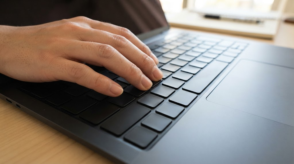ノートパソコンのキーボードで、WindowsキーとVキーを同時に押そうとしている手元のイメージ