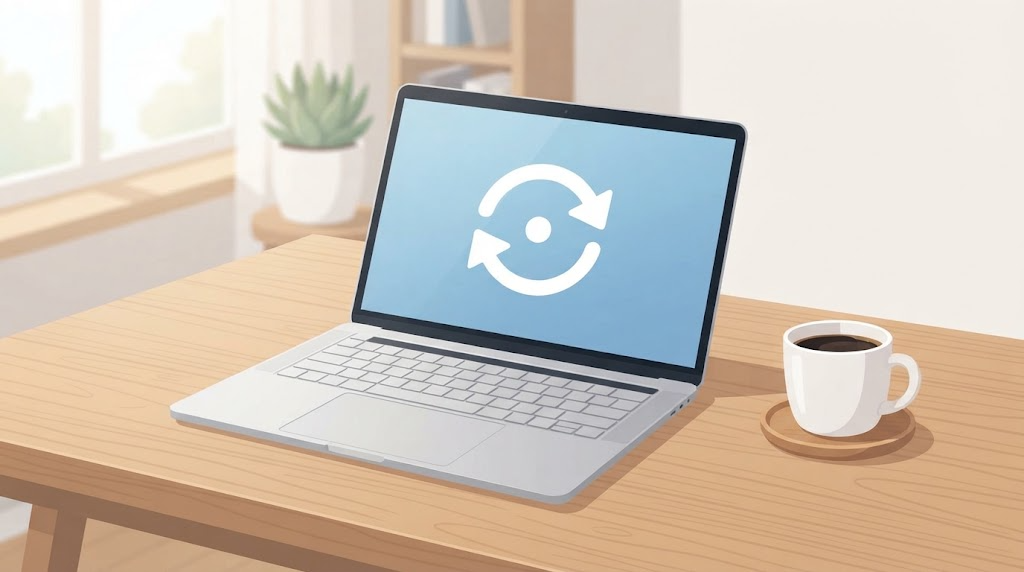 ノートパソコンのWindows Update画面を確認している様子のイメージ